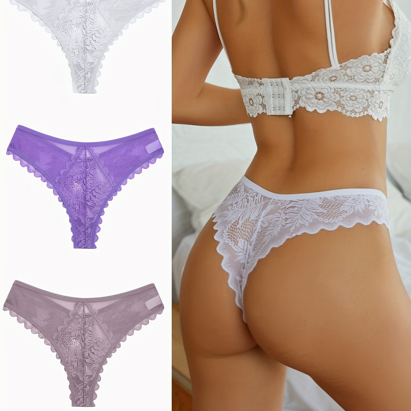 3 Pcs Sexy Lacy Trim Briefs, Breathable Semi-Sheer Thong, Women's Lingerie