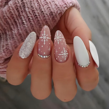 4-Pack of 96pcs Medium Almond Shape Glossy White Press-On Nails Set with Christmas Snowflake