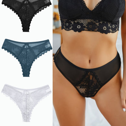3 Pcs Sexy Lacy Trim Briefs, Breathable Semi-Sheer Thong, Women's Lingerie