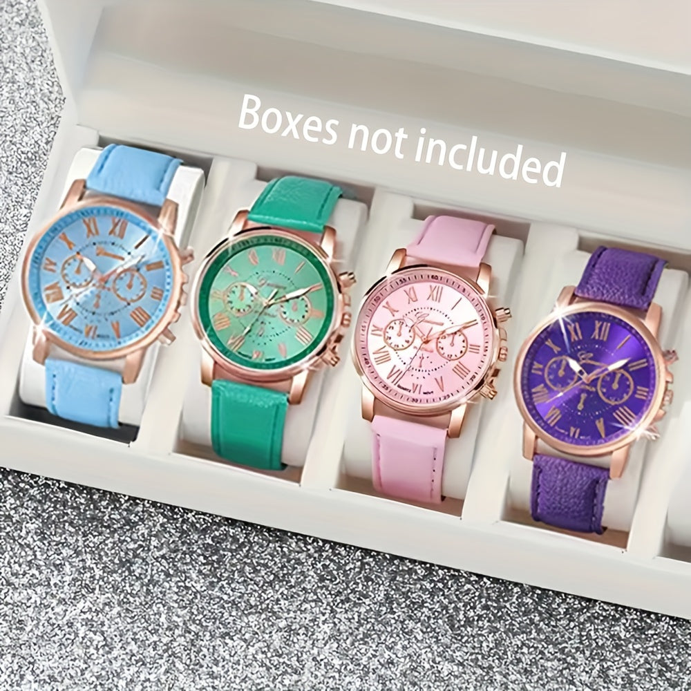 Elegant Boho Chic 4pcs Women's Quartz Watch Set with Faux Leather Straps