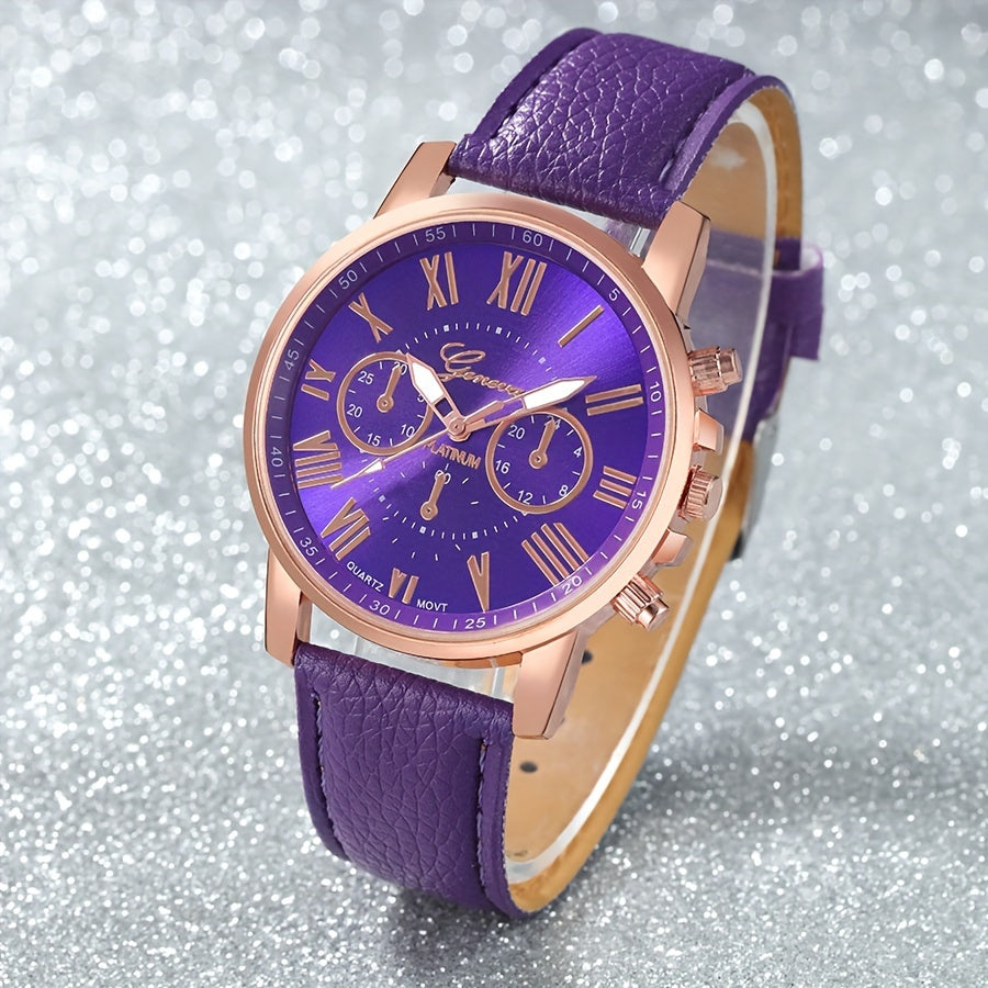 Elegant Boho Chic 4pcs Women's Quartz Watch Set with Faux Leather Straps