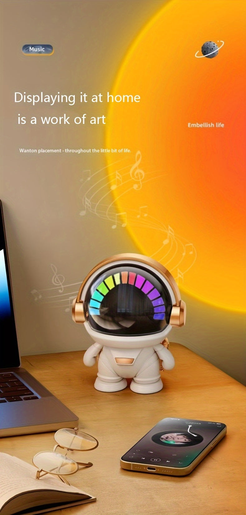FOUBEAK Cute Astronaut Small Speaker, Small Wireless Portable Outdoor Speaker with Light, Home Party Office Decoration Subwoofer (White Light)